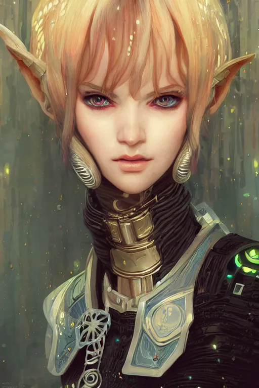 Prompt: portrait of beautiful young elf, cyberpunk, Warhammer, highly detailed, artstation, illustration, art by Gustav Klimt and Range Murata and Ilya Kuvshinov and Sakimichan