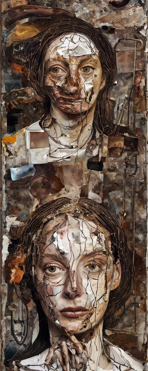 Image similar to a full length portrait of a very ordinary young woman with a distracted expression, Anselm Kiefer and Lucian Freud and Jenny Saville, oil painting, rust, Scaffolding, rusted metal and sunflowers, iron cladding, decay, mixed media, textured, anatomically correct, beautiful perfect face, visible brushstrokes, sharp focus, twisted wire, Highly Detailed, nails, photographic emulsion cracked and peeling, Cinematic Lighting, 8k, HD