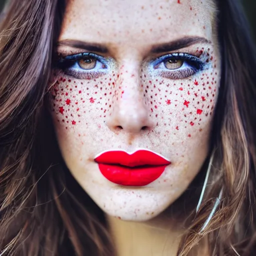 Image similar to close up portrait photograph of the left side of the face of a brunette woman with stars inside her eyes, red lipstick and freckles. she looks directly at the camera. Slightly open mouth, face covers half of the frame, with a park visible in the background. 135mm nikon. Intricate. Very detailed 8k. Sharp. Cinematic post-processing. Award winning portrait photography