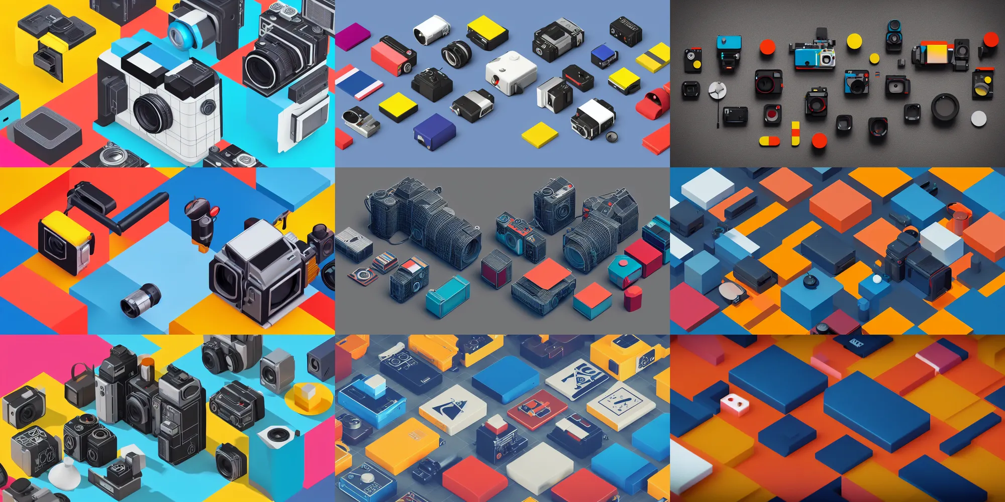 Prompt: Isometric 3d octane render of film camera icons, complementary colours