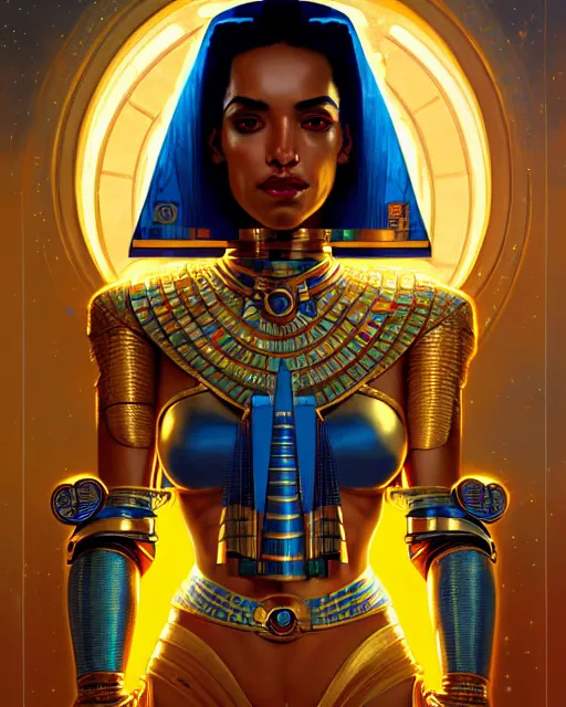 Prompt: portrait of a beautiful cyberpunk egyptian woman wearing a golden blue armor, beautiful symmetrical face, golden, fantasy, regal, by stanley artgerm lau, greg rutkowski, thomas kindkade, alphonse mucha, loish, norman rockwell.