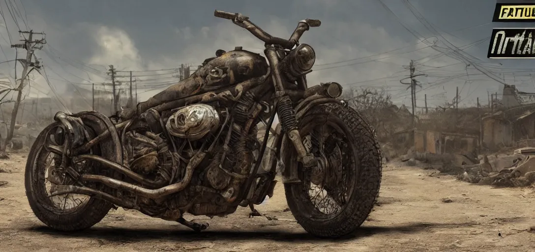 Image similar to fallout motorcycle, 8 k photorealistic, hd, high details, trending on artstation