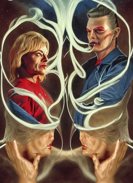 Image similar to twin peaks poster art, david bowie fighting his doppelganger gemini good and evil, old retro pulp, by michael whelan, rossetti bouguereau, artgerm, nostalgic, old fashioned