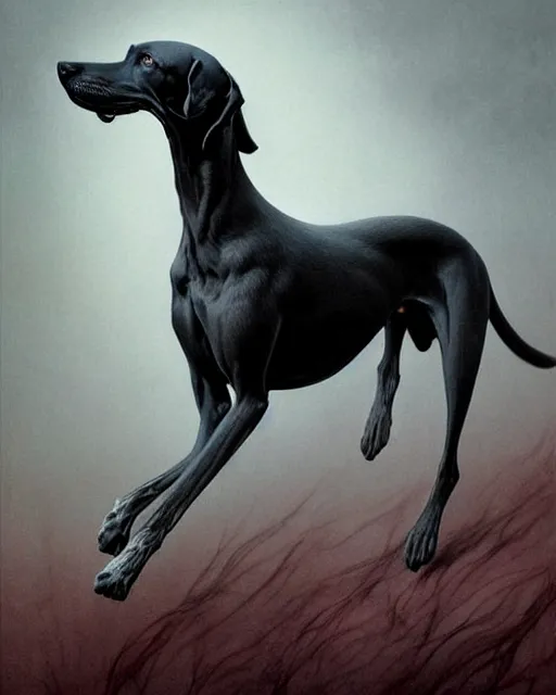 Image similar to painting of hybrid between black weimaraner & horse! & intercrossed animal, by zdzislaw beksinski, by mattias adolfsson, by tiffany bozic, cold hue's, warm tone gradient background, concept art, single object scene, beautiful composition, digital painting