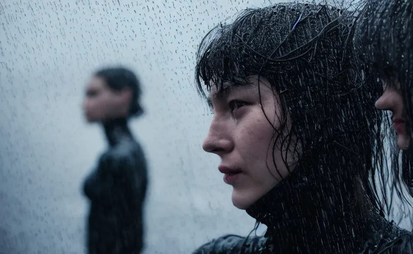 Image similar to cinestill 5 0 d candid photographic portrait by christopher nolan of two loving female androids wearing rugged black mesh techwear in treacherous waters, extreme closeup, modern cyberpunk moody emotional cinematic, pouring rain, 8 k, hd, high resolution, 3 5 mm, f / 3 2, ultra realistic faces, ex machina