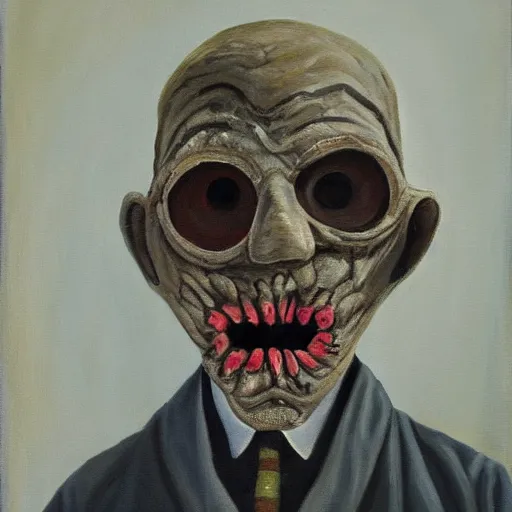 Image similar to a painting of an old man wearing a scary mask