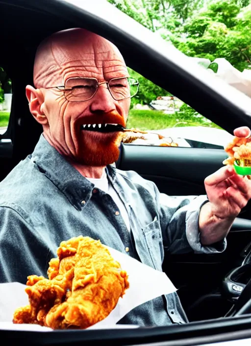 Image similar to cellphone pov photo of walter white eating fried chicken in his car, mukbang, dripping juices, biting teeth