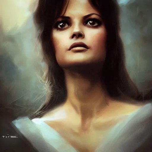 Image similar to closeup portrait of a young claudia cardinale, dramatic light, gorgeous view, depth, high detail, digital art, painted by greg rutkowski and seb mckinnon, by tim burton, trending on artstation