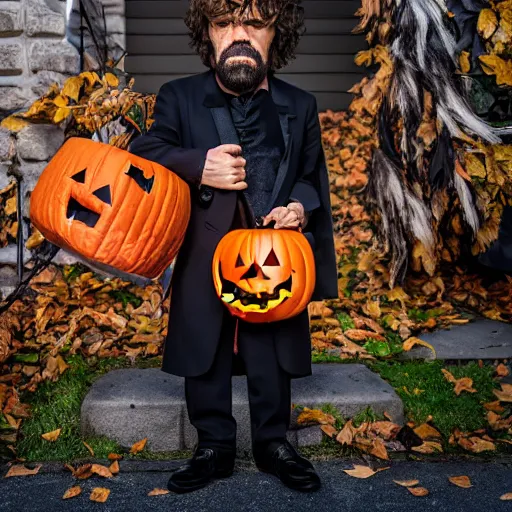 Image similar to peter dinklage trick or treating on halloween, ( sony a 7 r iv, symmetric balance, polarizing filter, photolab, lightroom, 4 k, dolby vision, photography awardm, voque, perfect face )