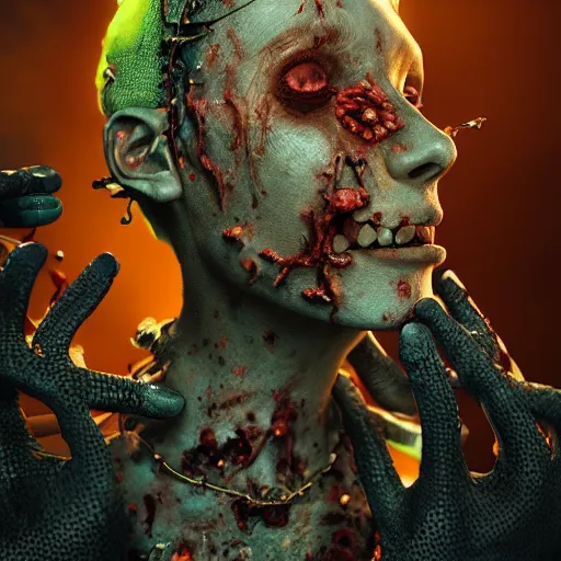 Image similar to the zombie queen, 4 k, intricate detailed, jaw dropping, gorgeous, surreal, octane render