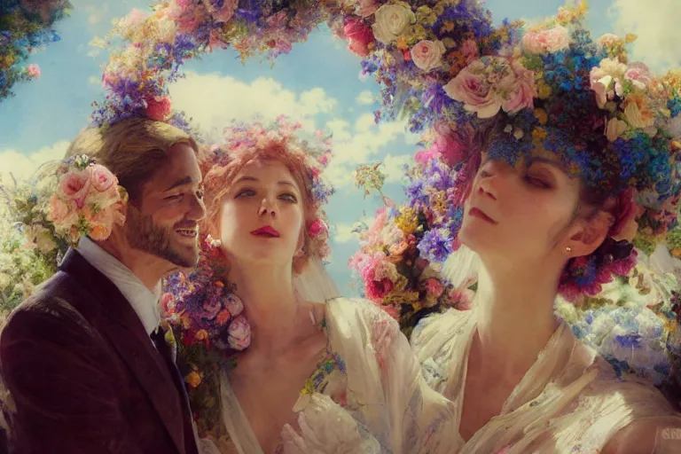 Image similar to the groom look at the bride at a wedding full of flowers, bright and happy, dreamlike art, highly detail, 4 k realistic, wedding photoy krenz cushart, artem demura, yoji shinkawa artgerm, jon lothian, danilo torres. adi meyers. thomas reimann. gaston bussiere.