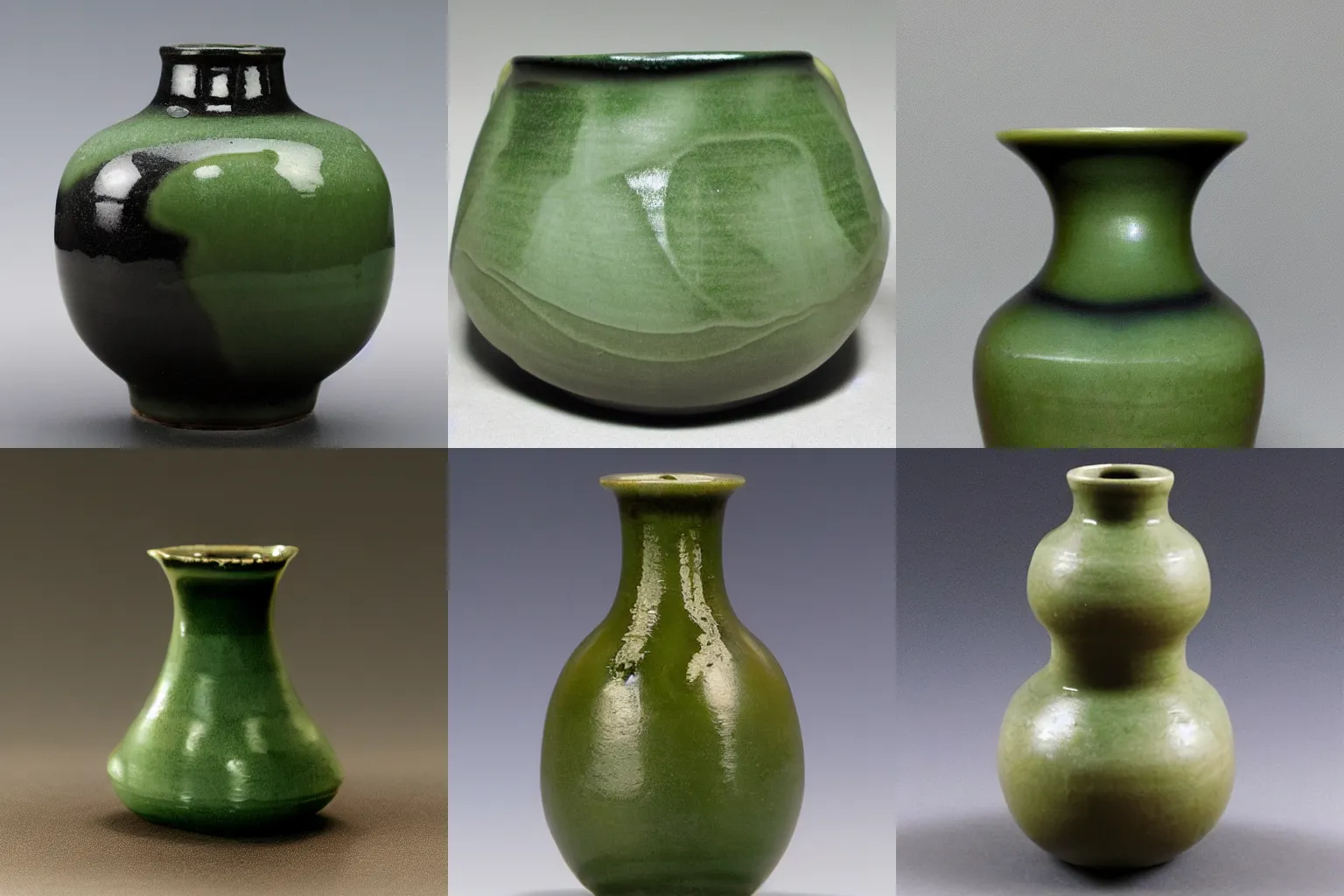 Prompt: japanese pottery, jade glaze, zen, black background