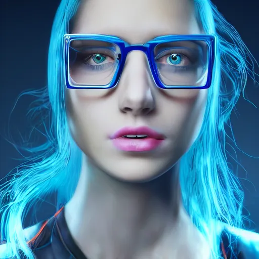 Prompt: Hot young woman, mad scientist, wearing lab coat and a blouse, wearing glasses, long blue hair, cybernetic eye, robotic left arm, nanopunk, futuristic, hyperdetailed, hyperrealistic, digital art, artstation, concept art, 4k, 8k