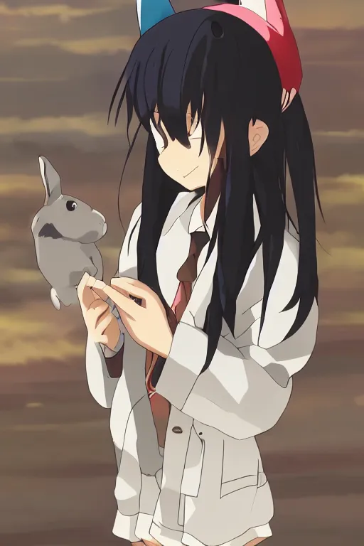 Image similar to Cute anime girl with bunny hat in the style of Makoto Shinkai, Kazuo Oga and Clamp
