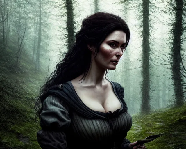 Image similar to 5 5 mm portrait photo of olga kurilenko as real life tough looking yennefer of vengerberg, in a forest. magical atmosphere. art by greg rutkowski. highly detailed 8 k. intricate. lifelike. soft light. nikon d 8 5 0.