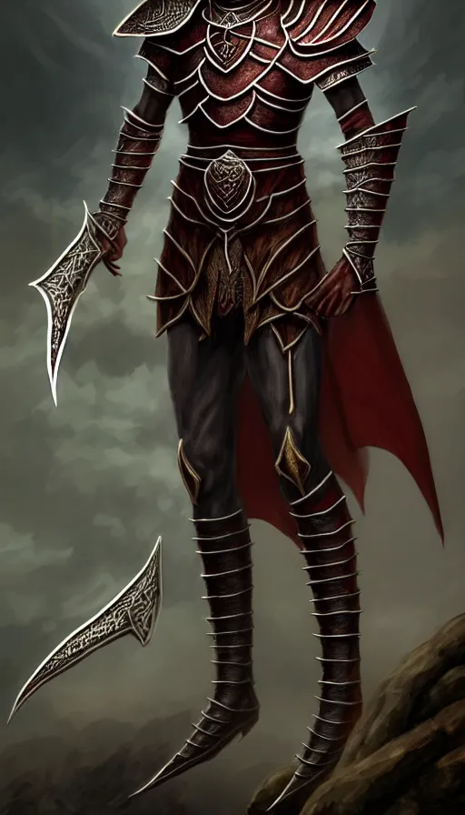 Image similar to hyperrealistic full body image of morrowind dunmer male nerevarine in front of balmora, red eyes, daedric script, telvanni, symmetrical face, handsome face, full body dnd character portrait, medieval armor, morrowind armor, oblivion armor, skyrim armor, eso armor, intricate, highly detailed, elegant, artstation, deviantart