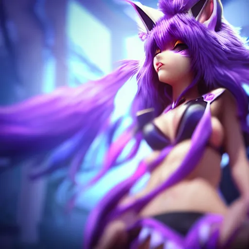 Prompt: Photo of Ahri from League of Legends, close-up, high detail, studio, fantasy, octane 3D, ominous background, sharp