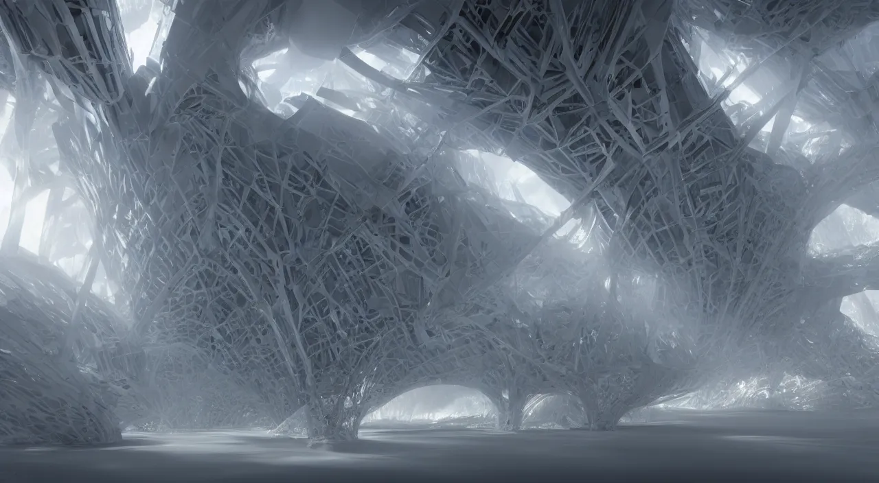 Image similar to a parametric tectonic biological crystallographic lattic bridging megastructure cathedral, by glenn small, by albert bierstadt, photorealistic, zaha hadid, god rays, volumetric lighting, detailed, extremely intricate, raytrace, octane, light fog, keyshot