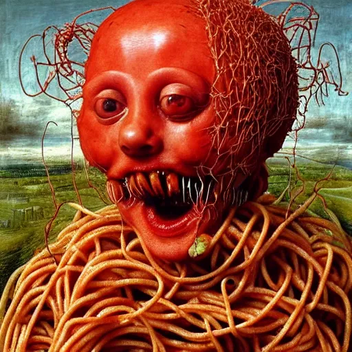 Prompt: a boy made of spaghetti and tomato sauce riding on a giant rhino, looking straight into camera, screaming in pain, by giuseppe arcimboldo and ambrosius benson, renaissance, fruit, intricate and intense oil paint, a touch of beksinski and hr giger and edward munch, realistic