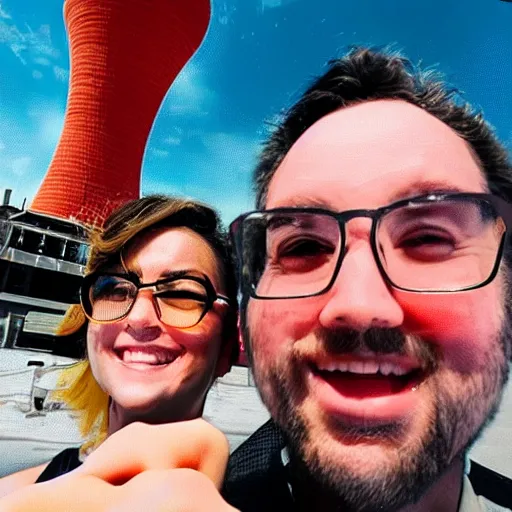 Prompt: 2 influencers taking a selfie while a nuke is in the background, 4 k, detailed, realistic