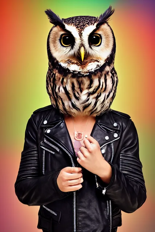 Image similar to cute owl wearing black biker jacket, portrait photo, backlit, studio photo, background colorful