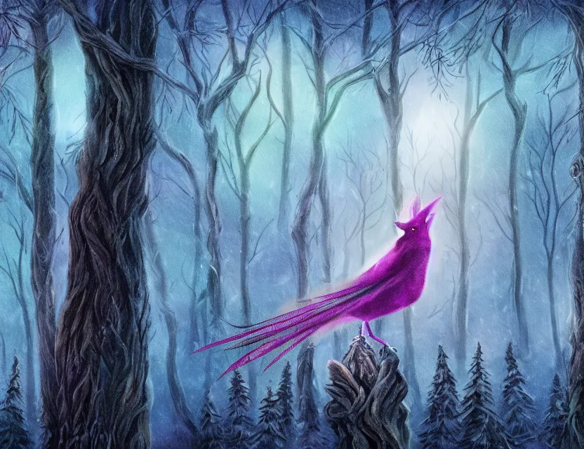 Prompt: magical, supernatural fae bird in the winter woods. limited but vibrant palette, 2 d animation from the 2 0 1 0 s, backlighting, bold composition, depth of field, intricate details.