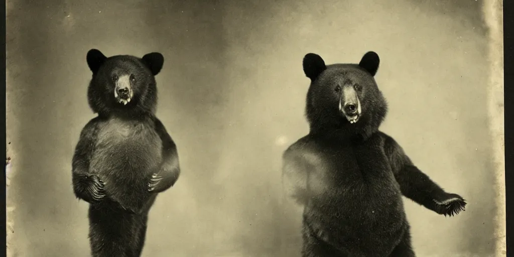 Image similar to anthropomorphic asian black bear, 1900s photo