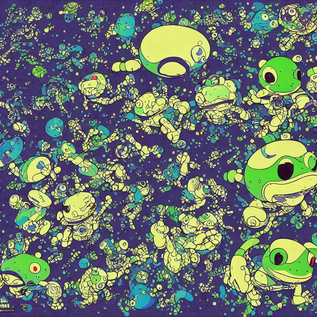 Image similar to indigo toads, frogs, ryuta ueda artwork, breakcore, jet set radio artwork, y 2 k, gloom, space, cel - shaded art style, indigo rainbow, data, minimal, takashi murakami artwork, code, cybernetic, dark, eerie, cyber