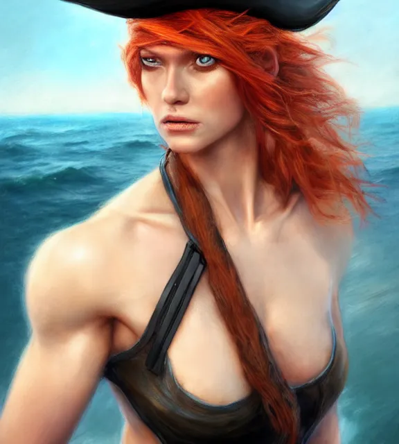 Prompt: muscular female pirate at sea, perfect face, black hat, leather halter top, ginger hair, abs, cinematic, blush, stunning, athletic, strong, agile, highly detailed, psychedelic, digital painting, artstation, smooth, hard focus, illustration, art by jessica rossier and and brian froud