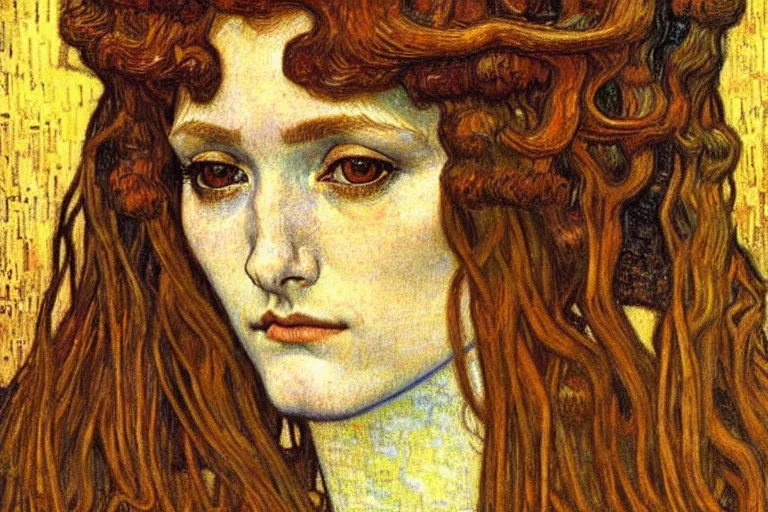 Image similar to detailed realistic beautiful young medieval queen face portrait by jean delville, gustav klimt and vincent van gogh, art nouveau, symbolist, visionary, gothic, pre - raphaelite, muted earthy colors, desaturated