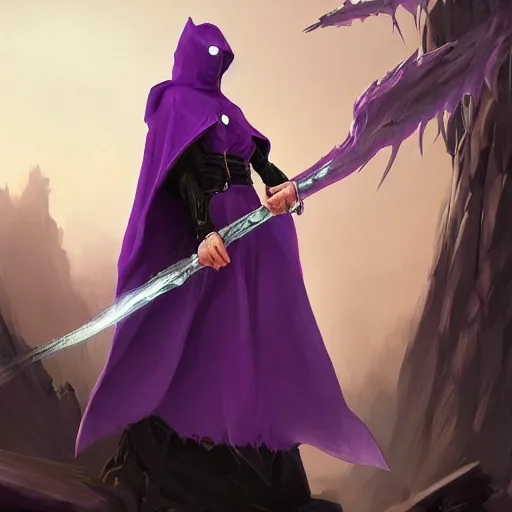 Image similar to female warlock long hood cloak purple, fighting monster with magic, 8 k, trending on artstation by tooth wu and greg rutkowski