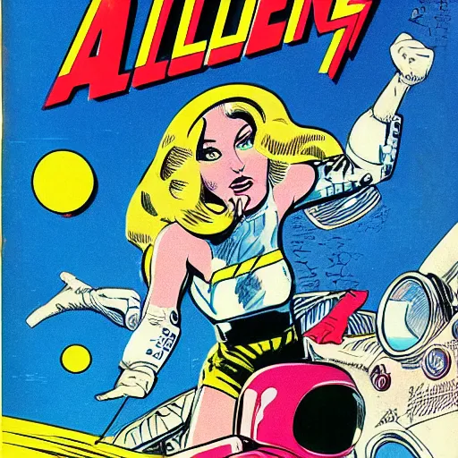 Image similar to alien racing drivers, space, comic, racers, retro, 70s, comic book, girl