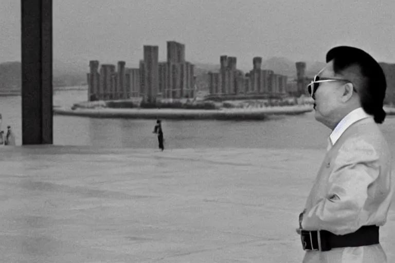 Image similar to a filmstill of Kim Jong-il looking at Starro Kaiju monster destroying Pyongyang, in Stalker (1979) by Andreï Tarkovski, traditional Korean city, palace, epic ultrawide shot, cinémascope