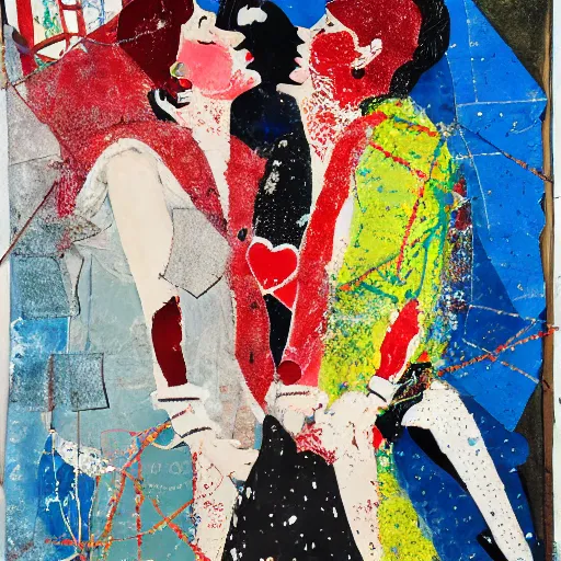 Image similar to two women kissing at a carnival in winter, mixed media collage, retro, paper collage, magazine collage, acrylic paint splatters, bauhaus, claymation, layered paper art, sapphic visual poetry expressing the utmost of desires by jackson pollock