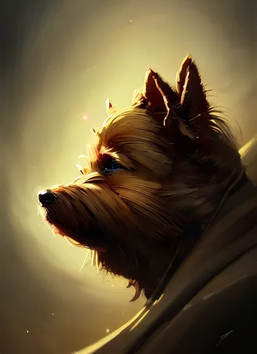 Image similar to norwich terrier as an superhero, backround dark, highly detailed, digital illustration, trending in artstation, modern painting, smooth, sharp focus, intricate, by peter mohrbacher