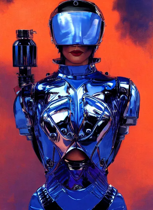 Image similar to ( ( symmetry ) ) closeup portrait of a chrome stunning cyborg girl, ( ( ( crying ) ) ), racer jumpsuit with shoulder pads, strong cinematic light, blue orange, viscous volumetric smoke, mist, by gerald brom, by mikhail vrubel, by peter elson, muted colors, extreme detail, trending on artstation, 8 k