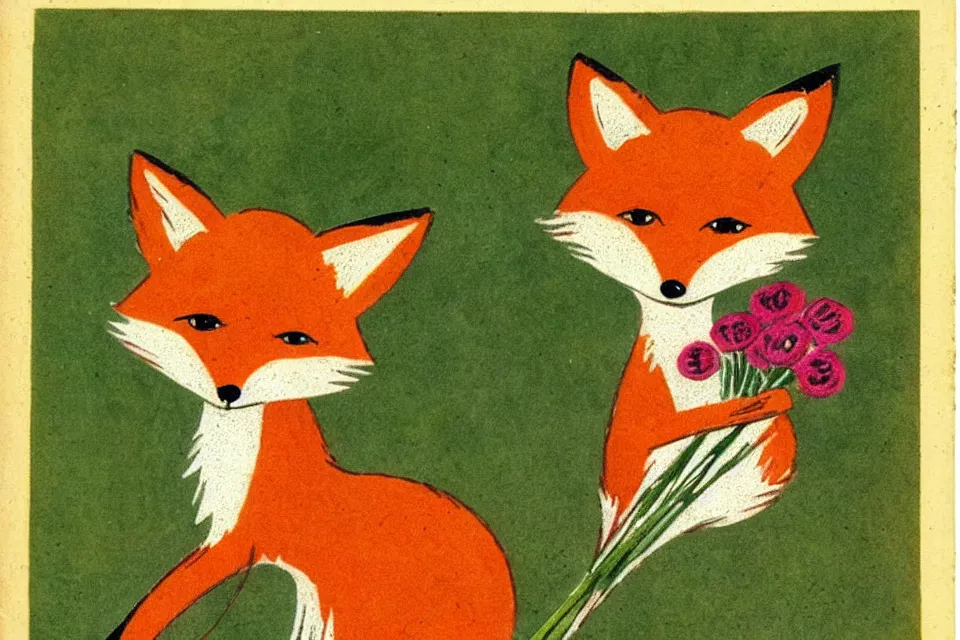 Prompt: a fox holding a bouquet of flowers cute vintage children's book art