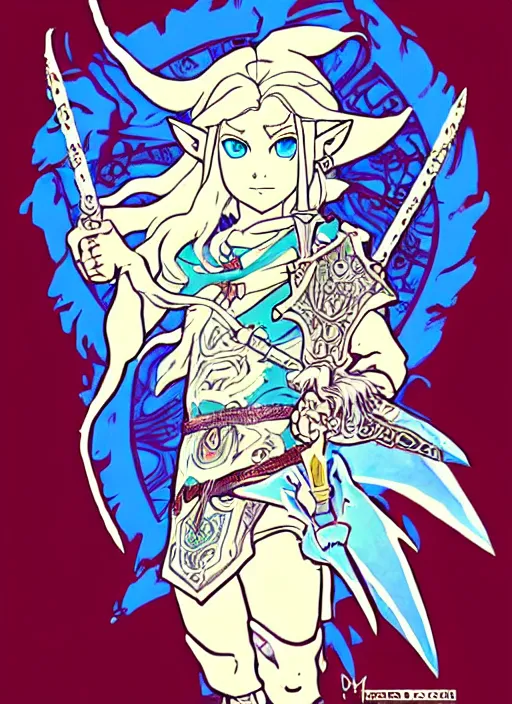 Image similar to link as the fierce diety form with white hair!! from the legend of zelda!! portrait illustration, pop art, splash painting, art by geof darrow, ashley wood, alphonse mucha, makoto shinkai