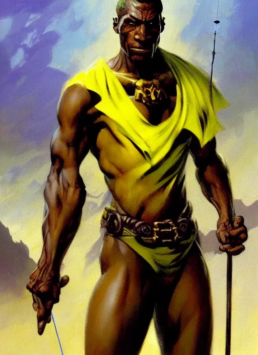 Image similar to magic : the gathering fantasy character concept art by frank frazetta and marco bucci, high resolution. a clear portrait of an athletic male jamaican, wearing yellow green calico clothing, holding a fishing rod, shores of jamaica in the background, symmetry, fantasy coloring, intricate, 8 k, digital painting, artstation, smooth, sharp focus