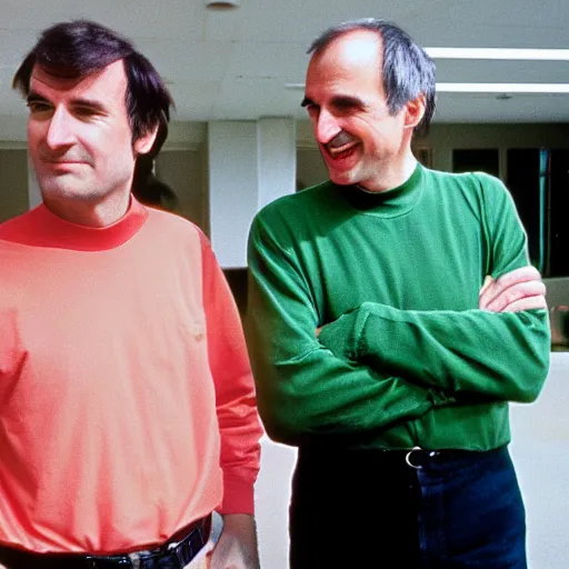 Image similar to photograph douglas adams discussing happier times with steve jobs on campus 1 9 8 8, healthy, douglas adams, in thomas ruff style, 3 5 mm ektachrome