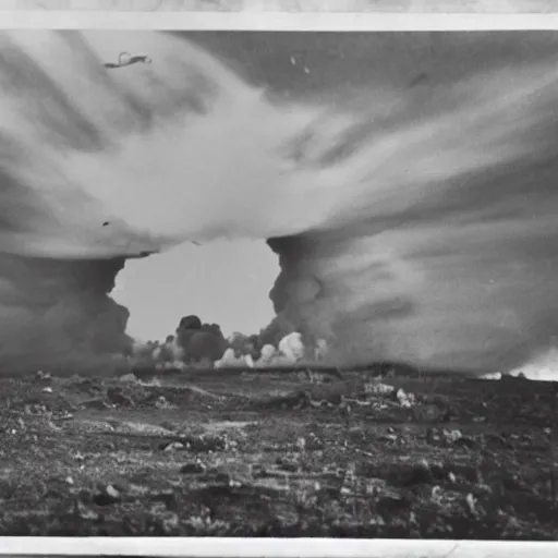 Image similar to a photo taken from inside of a trench showing a nuclear explosion in the distance, you can see the explosion's shockwave in the clouds, realistic, taken on a ww 2 camera.