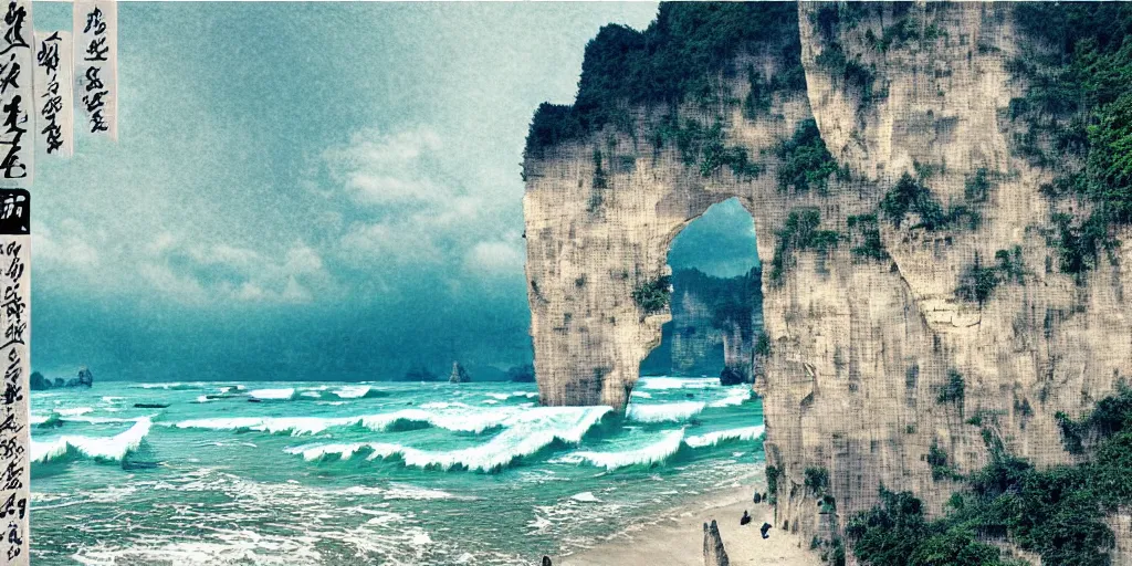 Prompt: Breath-taking beautiful beach, rocks, clouds, mist, Zhangjiajie, An aesthetically pleasing, dynamic, energetic, lively, complex, intricate, detailed, well-designed digital art of beach, rocks, clouds, mist, Zhangjiajie in early morning, light and shadow, overlaid with aizome patterns, Shin-hanga by Thomas Kinkade and Bob Ross, traditional Japanese colors, superior quality, masterpiece, featured, trending, award winning, HDR, HD, UHD, 4K, 8K, anamorphic widescreen