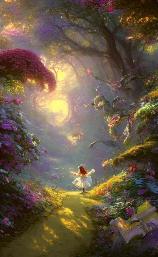 Prompt: alice in wonderland looking into a portal hopping and time warping with reckless abandon, masterpiece digital painting by Thomas Kinkade and Greg Rutkowski, artstation, 4k wallpaper