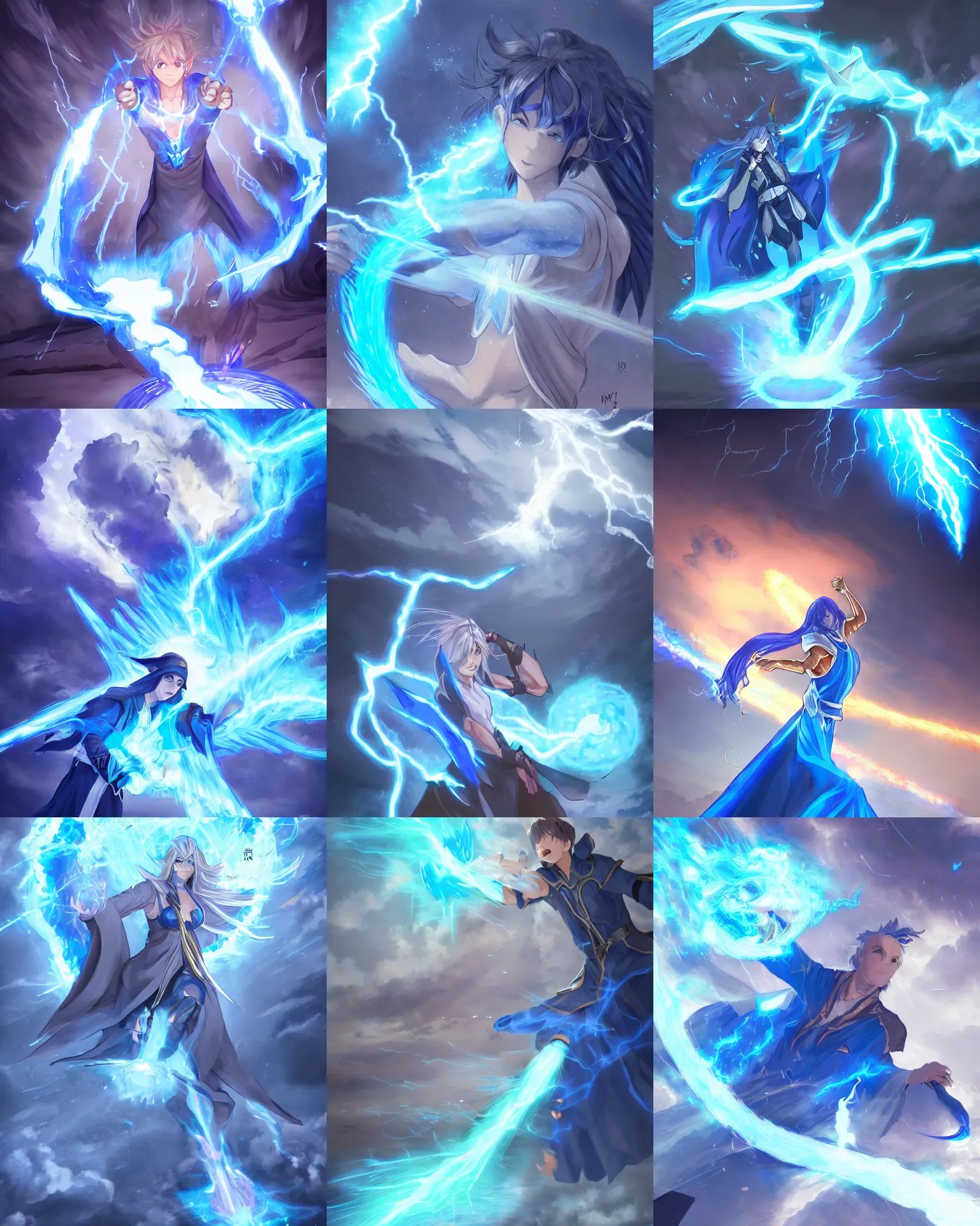 Prompt: male mage summons blue pillar of lightning from the sky, drawn by wlop