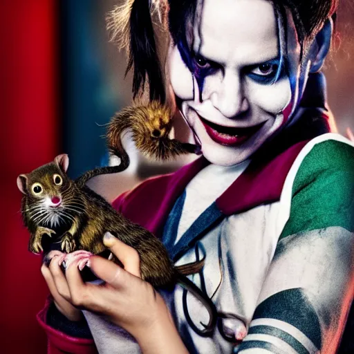 Prompt: ratcatcher 2 from the suicide squad, holding a cute rat in her hands, photo taken on a nikon, very detailed, 4k