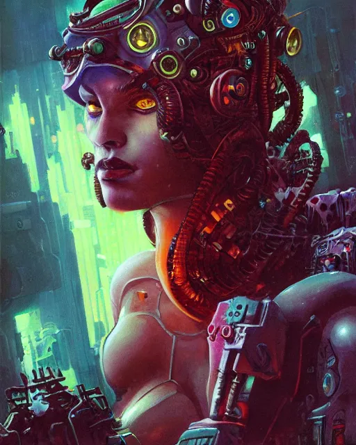 Prompt: a cyberpunk half length portrait of cyborg medusa, by paul lehr, jesper ejsing
