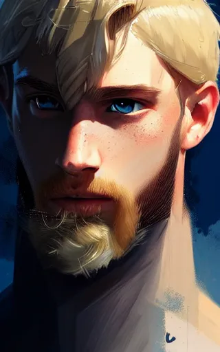 Image similar to a rugged young knight with blonde hair and blue eyes and a short beard and a scar under his left eye by Greg_Rutkowski, realistic, detailed, masterpiece, ArtStation