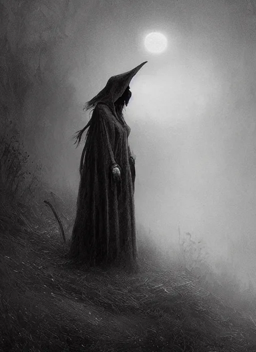 Prompt: a young witch by Beksiński greg rutkowski and thomas kinkade, Trending on artstation, black and white scheme, 4k, wide-angle lens