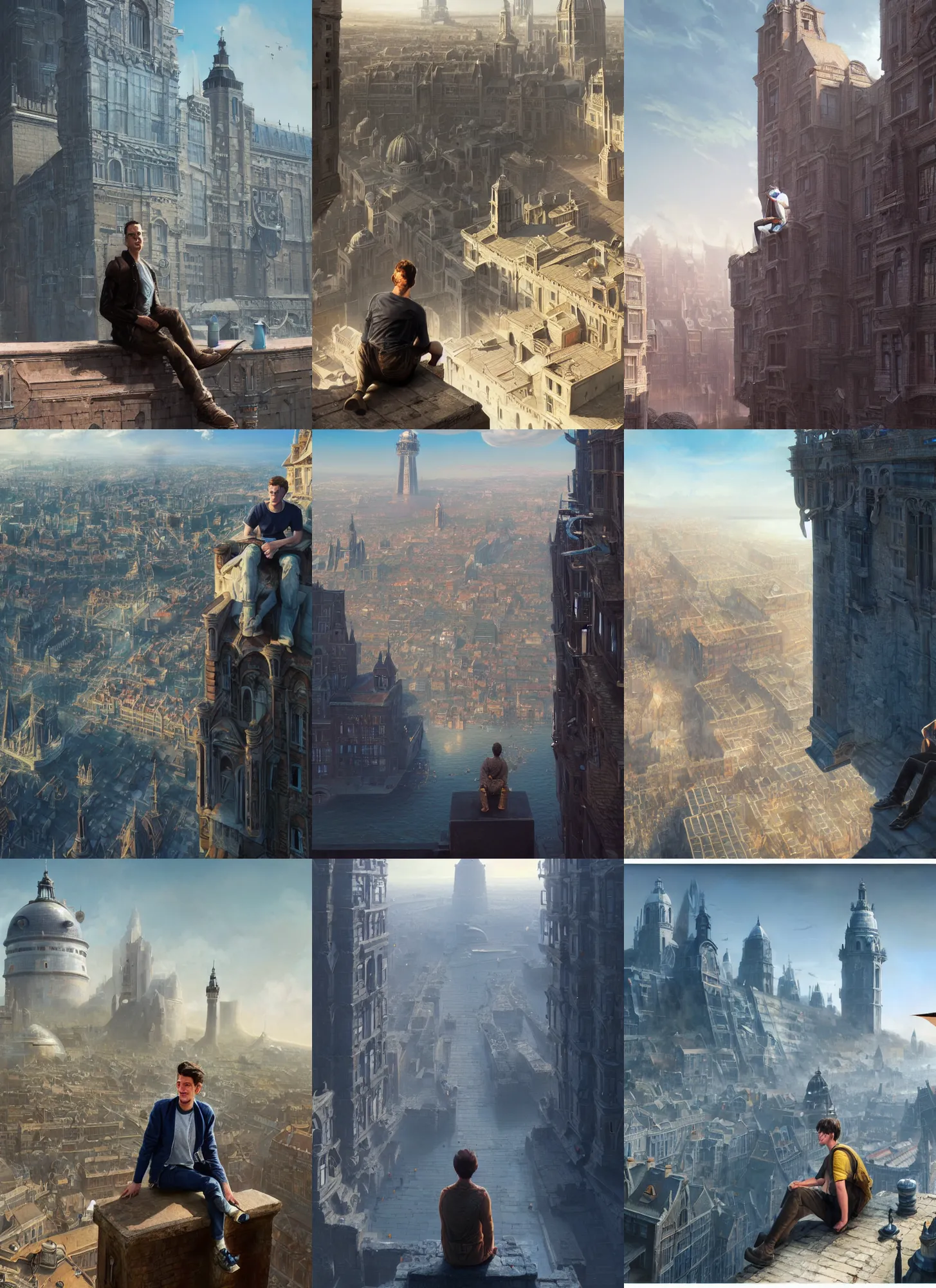 Prompt: a young man sitting atop the tall wall of a beautiful sci fi walled city inspired by amsterdam and victorian england and los angeles, sunny weather, blue sky, digital painting, concept art, trending on artstation, matte painting, highly detailed, intricate, art by greg rutkowski and artgerm and craig mullins, cinematic, octane render, 8 k, unreal engine