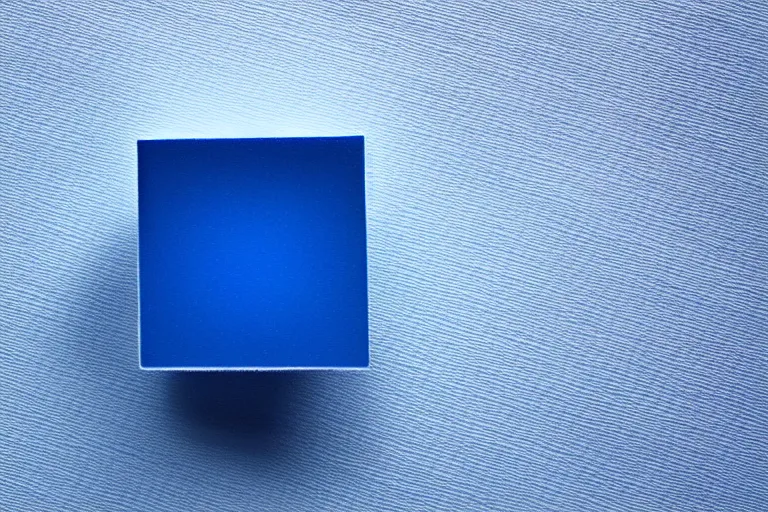 Image similar to single blue cube on white studio floor, soft light